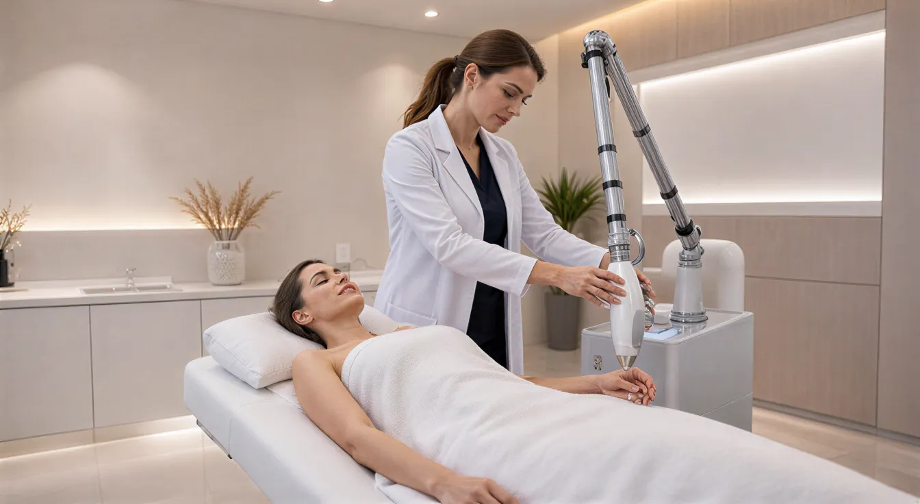 Eine Frau liegt auf einer Behandlungsliege, während eine Ästhetikerin einen Laser an ihrem Arm justiert.