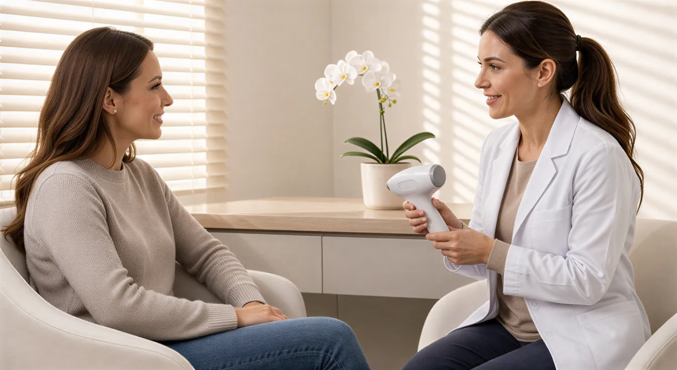 Eine Ärztin erklärt einer Patientin in einem modernen Behandlungszimmer ein Laser-Gerät in entspannter Atmosphäre.