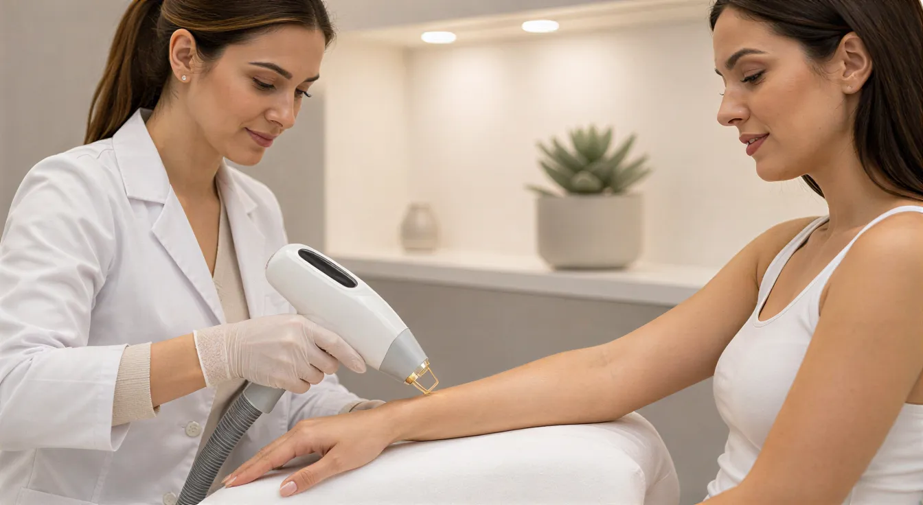 Eine Ärztin führt mit einem Laserhandstück eine Haarentfernungsbehandlung am Arm einer entspannten Patientin durch.