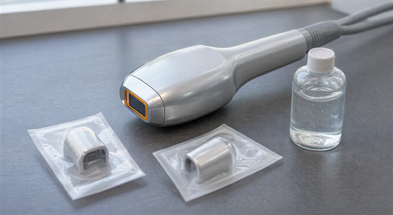 Ein moderner Laser-Handapparat mit sterilem Zubehör und Kühlgel liegt auf einer grauen Arbeitsfläche.