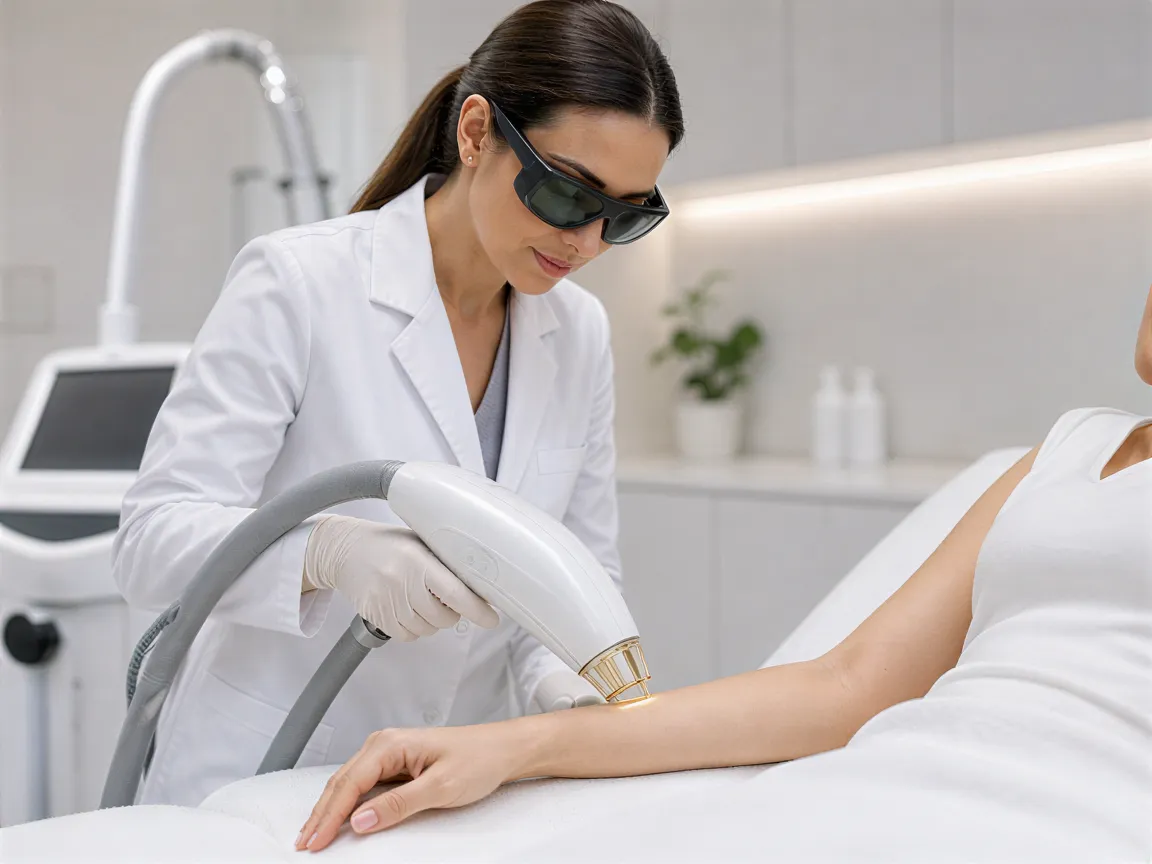 Eine Lasertechnikerin führt eine Haarentfernungsbehandlung an einem Unterarm in einem klinischen Behandlungsraum durch.