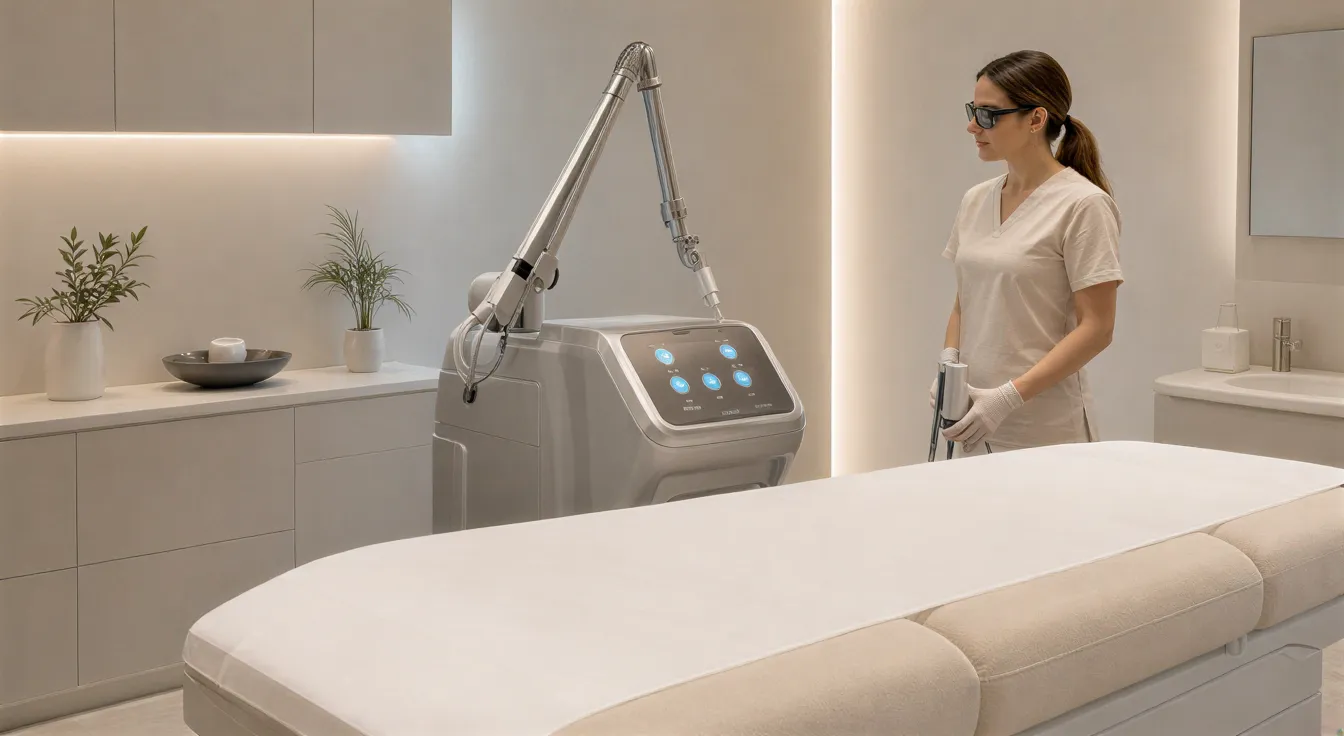 Eine medizinische Ästhetikerin bedient einen Laser in einem modernen, sauberen Behandlungsraum.