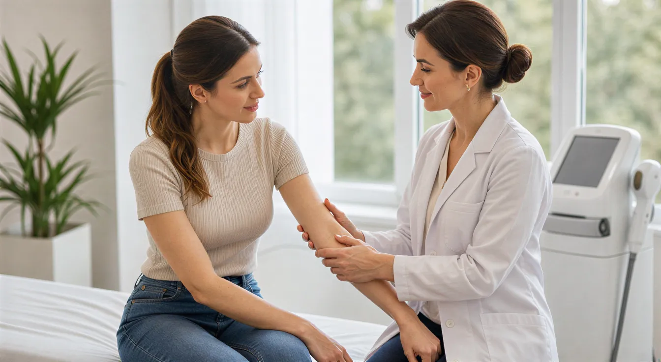 Eine Ärztin im weißen Kittel erklärt einer ruhigen Patientin in einem modernen Behandlungszimmer einen Eingriff.