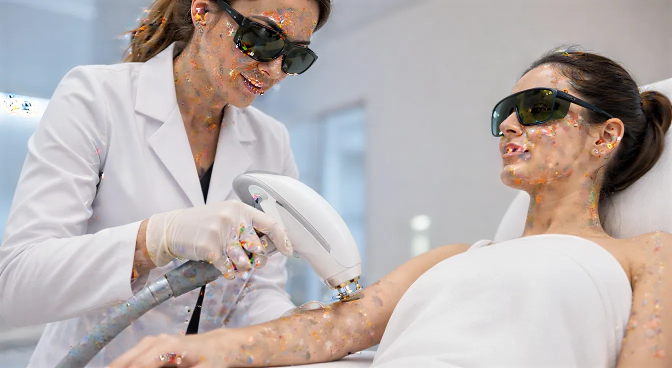 Eine Ärztin positioniert behutsam ein Laser-Gerät am Unterarm einer entspannten Patientin in einem modernen Behandlungsraum.