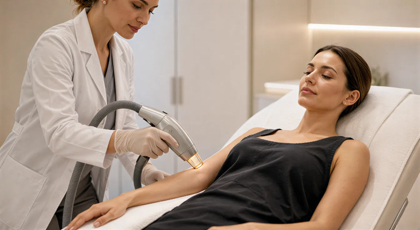 Eine Ärztin positioniert behutsam den Arm einer Patientin für eine Laserbehandlung in einem sterilen Behandlungszimmer.