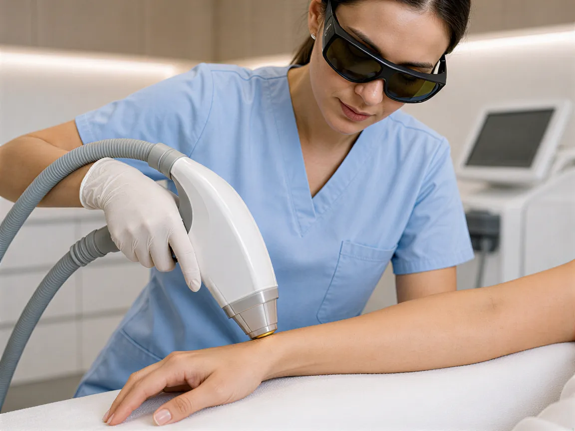 Eine Lasertechnikerin in blauen Scrubs führt präzise eine Haarentfernungsbehandlung am Unterarm einer Klientin durch.