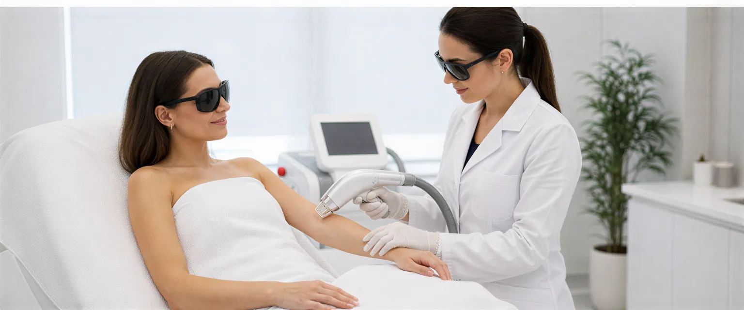 Eine Ärztin behandelt mit einem modernen Laser eine entspannte Patientin in einem minimalistischen Behandlungsraum.