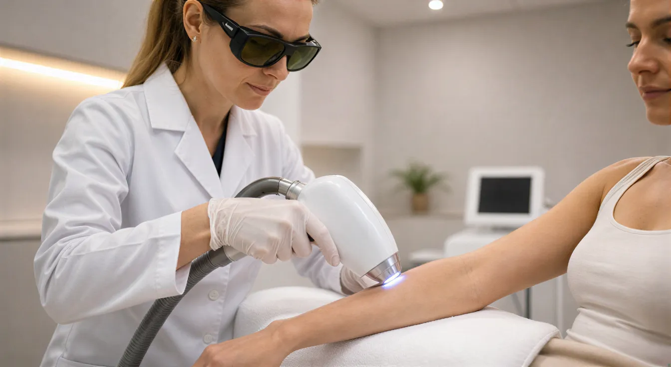 Eine Dermatologin führt mit einem Laserhandstück eine Haarentfernungsbehandlung am Unterarm einer Klientin durch.