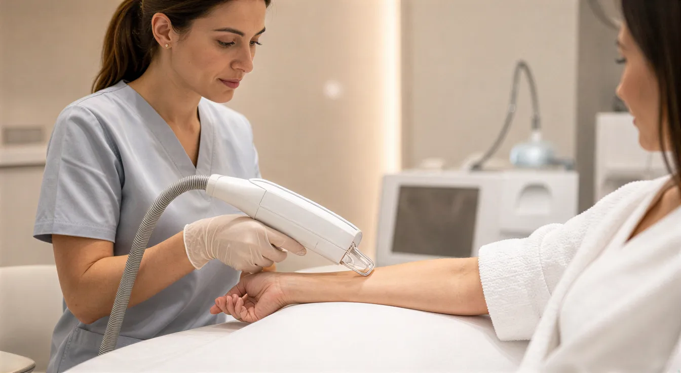 Eine Ärztin positioniert ein modernes Lasergerät präzise am Unterarm einer Patientin in einem ruhigen Behandlungsraum.