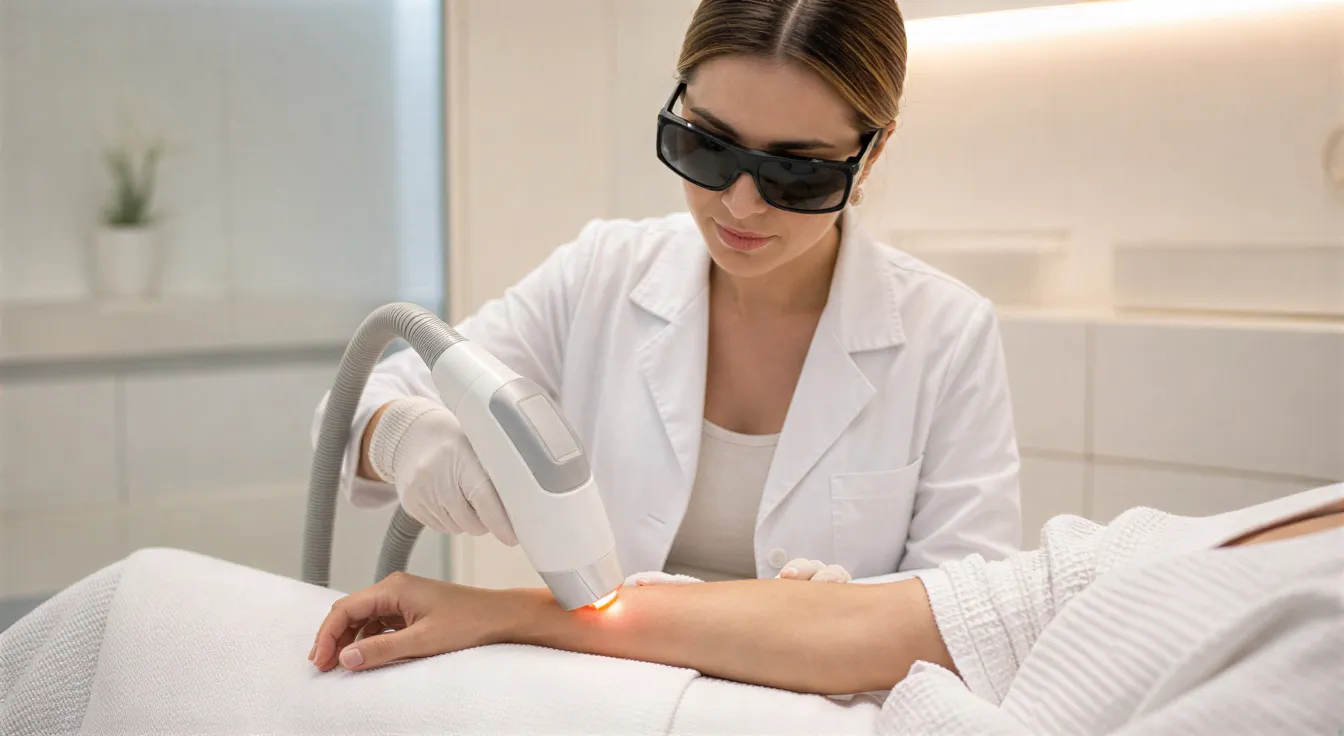 Eine Lasertechnikerin führt eine Haarentfernungsbehandlung an einem Unterarm in einem sterilen Behandlungsraum durch.