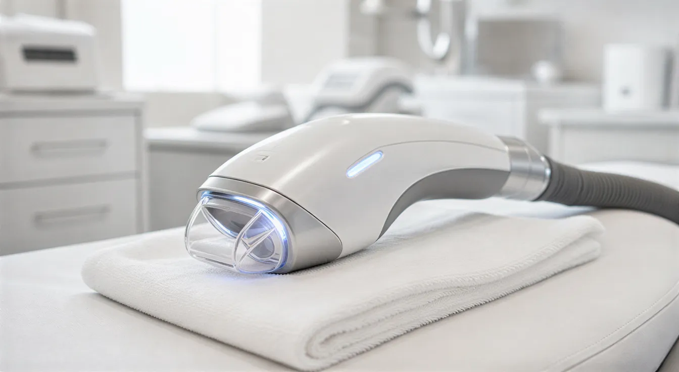 Ein moderner medizinischer Laser-Handapparat liegt auf einem weißen Tuch in einer sterilen Behandlungskabine.