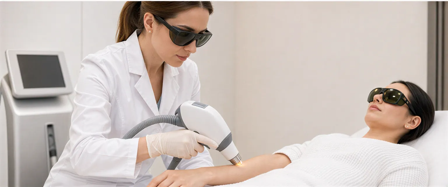 Eine Dermatologin führt eine Laserepilation am Unterarm einer entspannten Klientin in einer modernen Praxis durch.