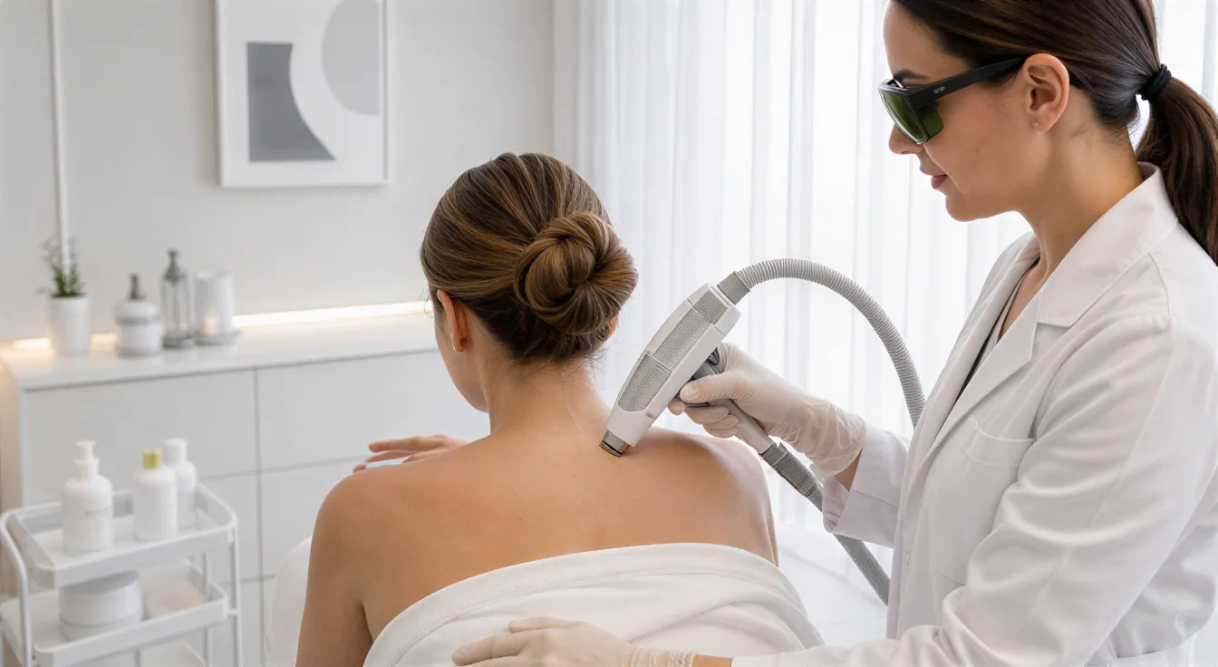 Eine Patientin liegt auf einer Behandlungsliege, während eine Ärztin mit einem Laserhandstück über ihrer Schulter arbeitet.