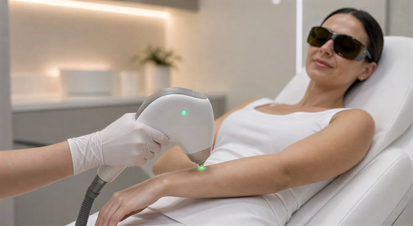 Eine Frau liegt entspannt auf einer Behandlungsliege, während ein Laser-Handstück sanft auf ihrem Unterarm ruht.