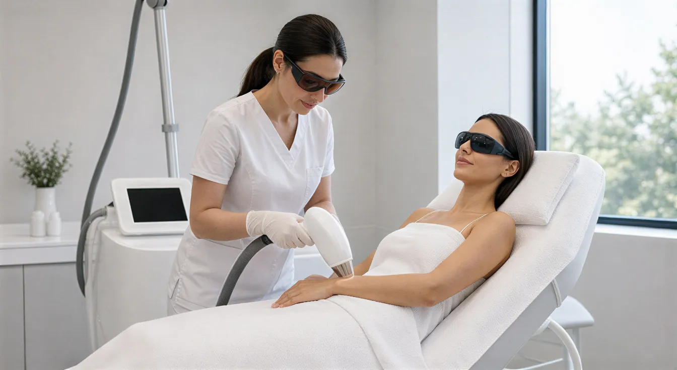 Eine Ärztin führt eine Laser-Haarentfernungsbehandlung an der Patientin in einem modernen Behandlungszimmer durch.