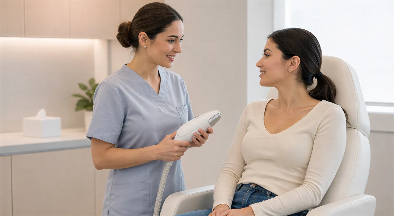 Eine Ärztin erklärt einer Patientin in einem modernen Behandlungszimmer eine Laserbehandlung.