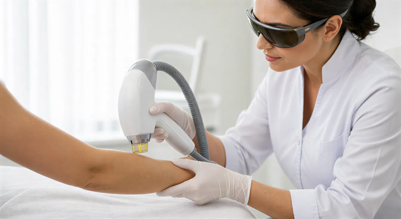 Eine Ärztin führt mit einem modernen Laser eine Haarentfernungsbehandlung am Unterarm einer Patientin durch.