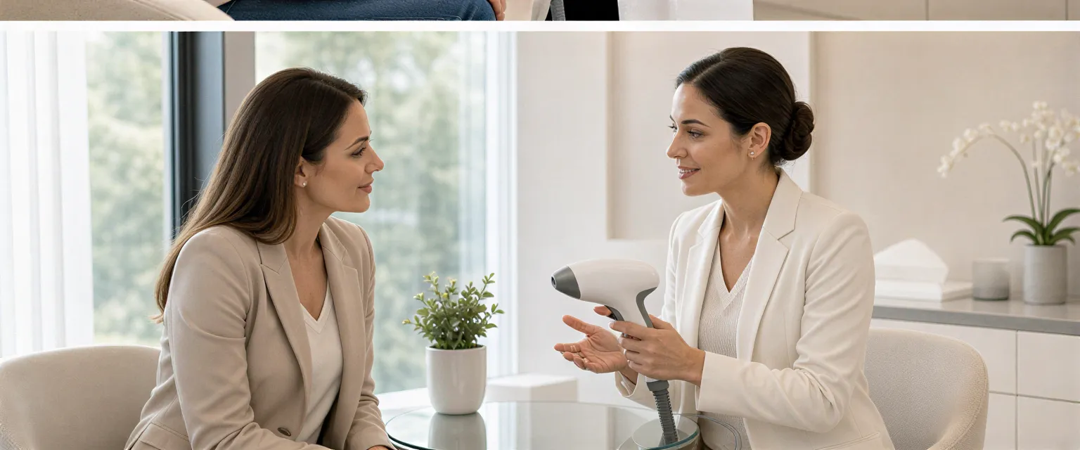 Eine Ärztin erklärt einer Patientin ein modernes Lasergerät in einem hellen, minimalistischen Behandlungsraum.