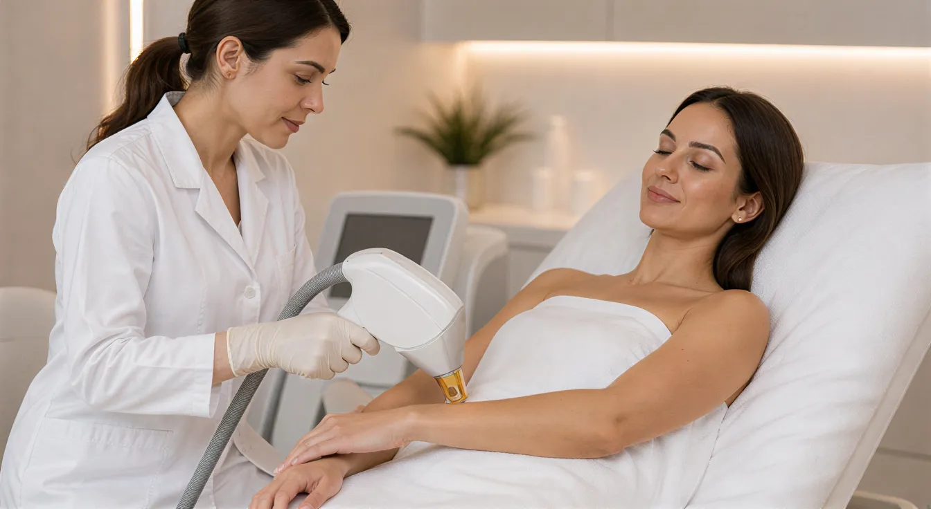 Eine Dermatologin führt eine Laser-Haarentfernungsbehandlung am Unterarm einer entspannten Klientin durch.