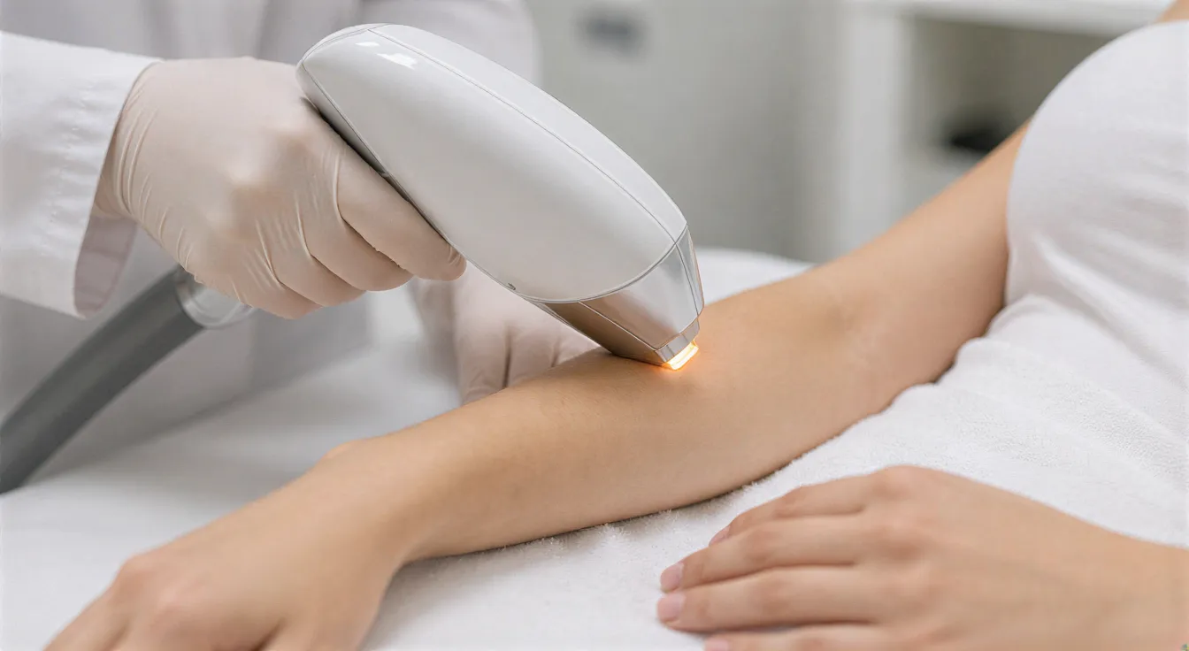Eine Ärztin führt mit einem Laser eine Haarentfernungsbehandlung am Unterarm einer Patientin durch.