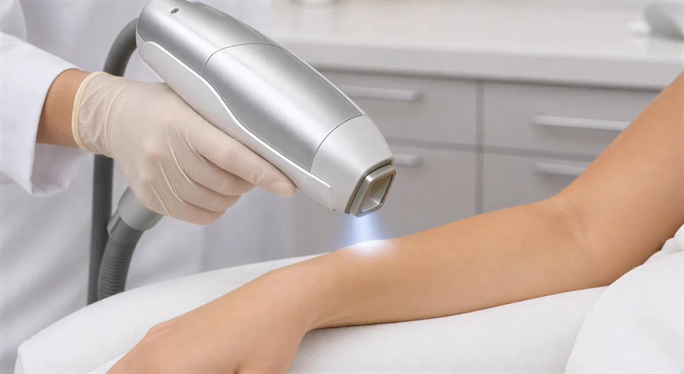 Eine behandschuhte Hand hält einen modernen Laser-Handapparat über die Haut eines Patientenarms.