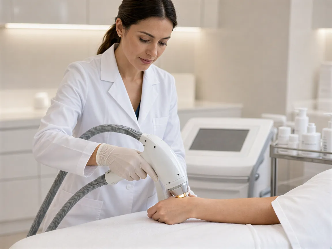 Eine Ärztin positioniert präzise ein Laserhandstück über dem Unterarm eines Patienten in einer modernen Klinik.