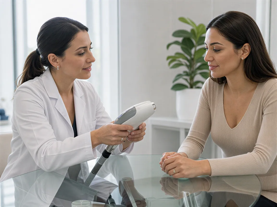 Eine Ärztin zeigt einer jungen Patientin ein modernes Lasergerät in einem hellen Behandlungsraum.