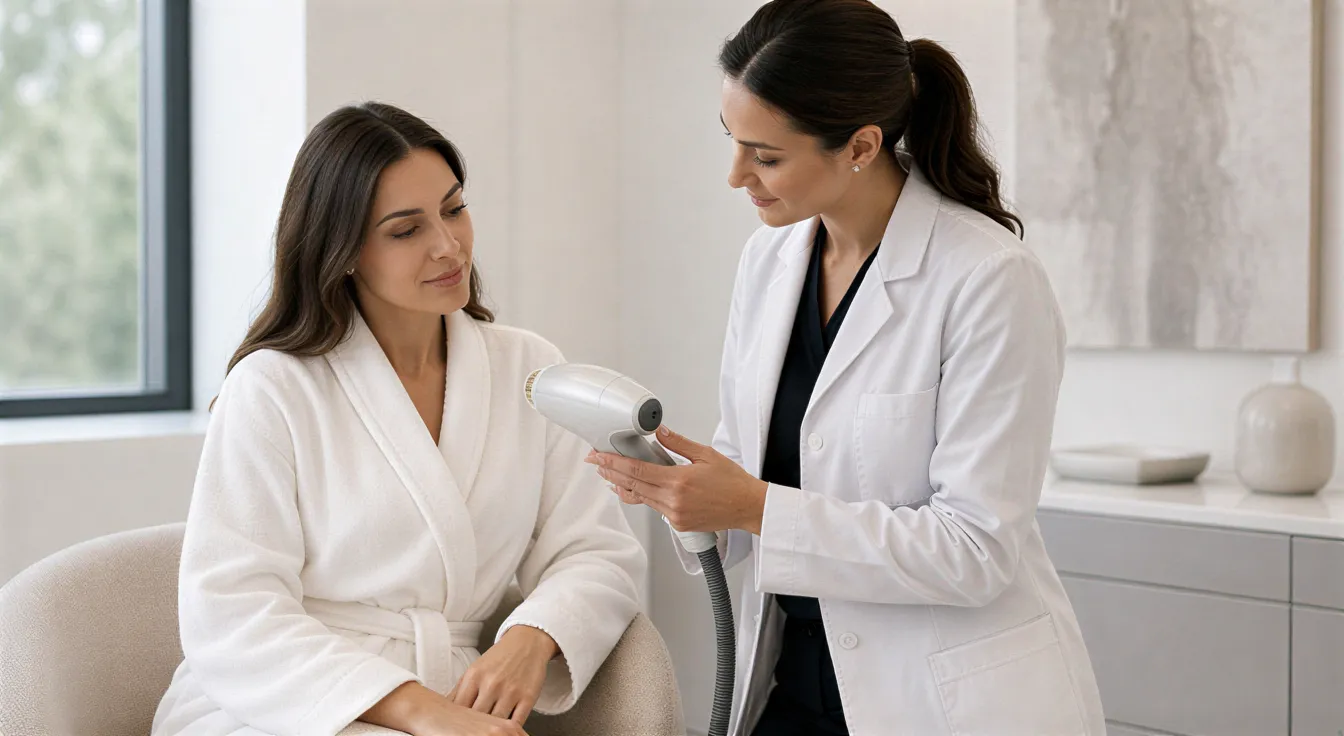 Eine Ärztin zeigt einer Patientin in einem modernen Behandlungsraum ein Lasergerät.