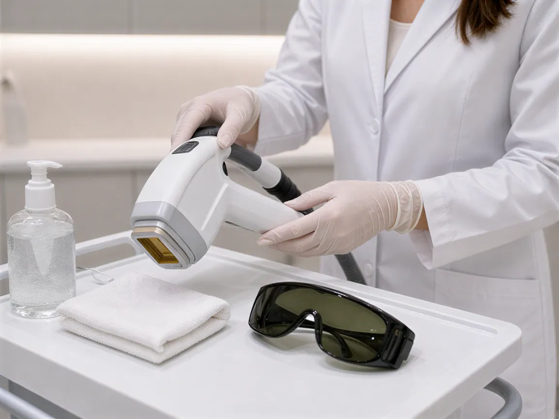 Eine Technikerin in weißem Kittel bereitet einen modernen Laser in einem klinischen Behandlungsraum vor.
