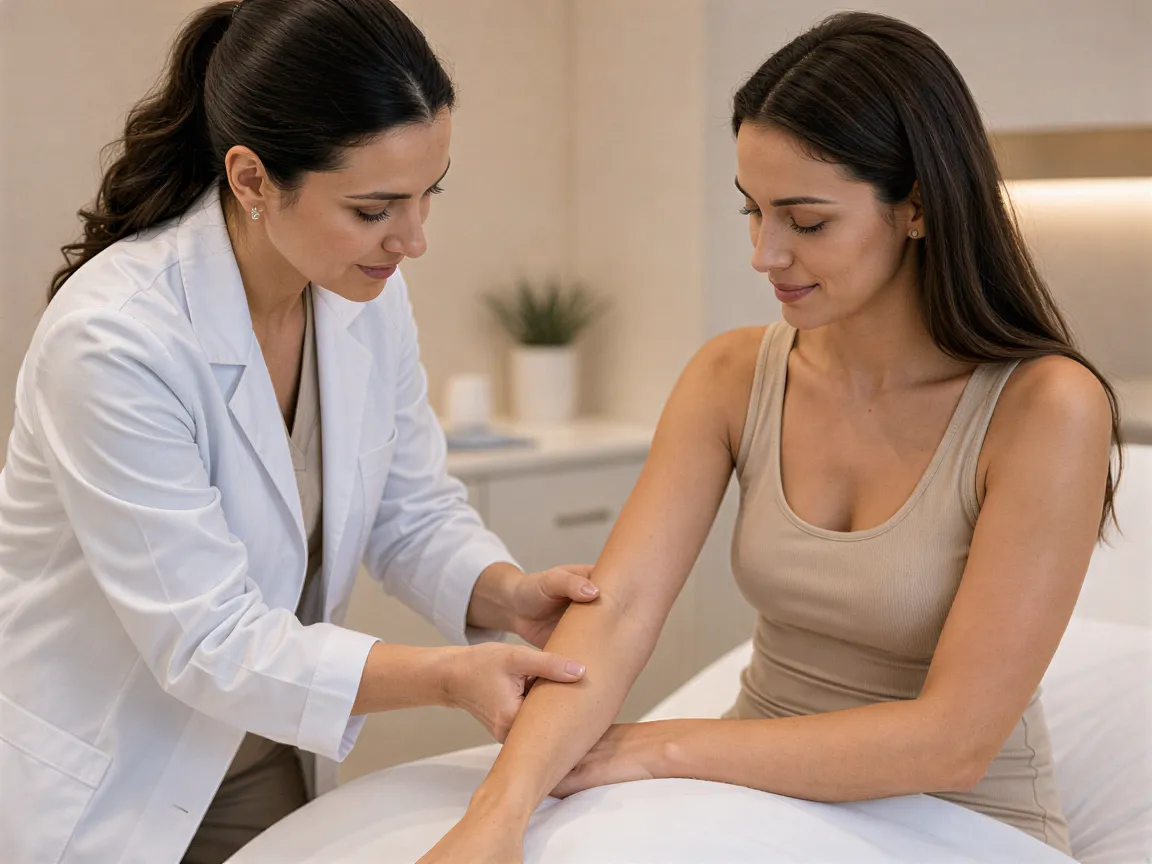 Eine Dermatologin untersucht aufmerksam den Arm einer Patientin in einem modernen Behandlungsraum.