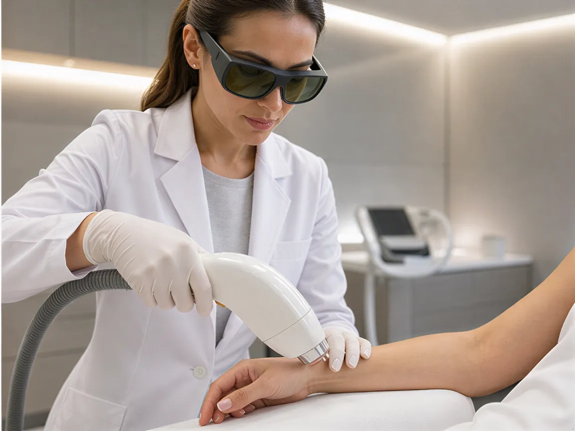 Eine Dermatologin positioniert präzise ein Laserhandstück über dem Unterarm einer Klientin in einer modernen Behandlungsraum.