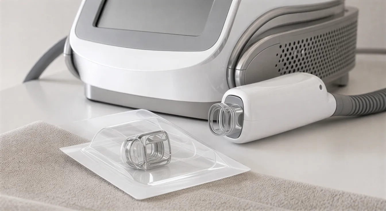 Ein modernes Lasergerät zur Haarentfernung liegt mit Handstück und Verpackung auf einem minimalistischen Tresen.