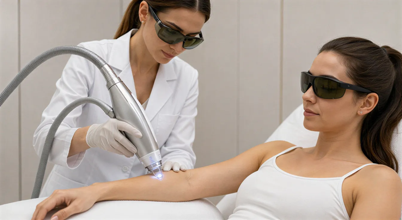 Eine Ärztin führt mit einem modernen Laser eine Behandlung am Unterarm einer Patientin durch.