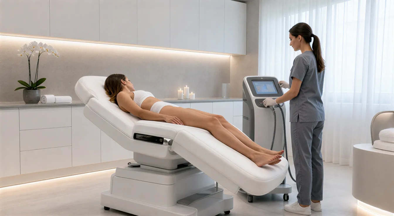 Eine Patientin liegt auf einer Behandlungsliege, während eine medizinische Fachkraft einen Laserapparat einstellt.