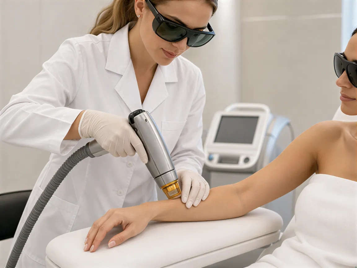 Eine Lasertechnikerin behandelt präzise den Arm einer Klientin in einem modernen, beruhigenden Behandlungsraum.