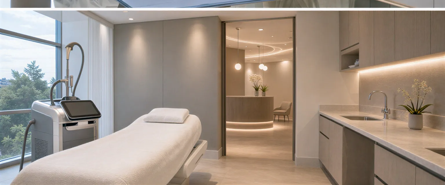 Ein moderner, leerer Behandlungsraum mit Lasergerät und Bett, dahinter ein minimalistischer Empfangsbereich.