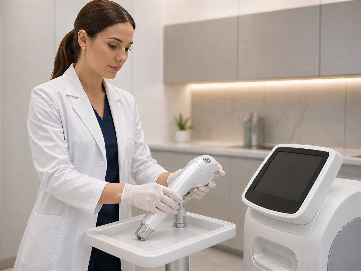 Eine Ärztin bereitet ein Lasergerät auf einem sterilen Tablett in einem modernen Behandlungsraum vor.