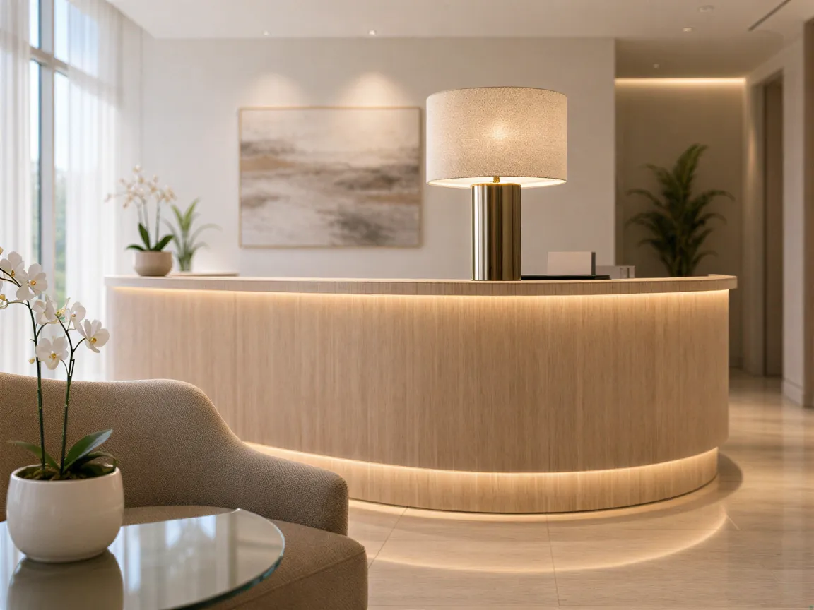 Einladender Empfangsbereich eines Laserbehandlungszentrums mit minimalistischem Empfangstisch und Orchidee