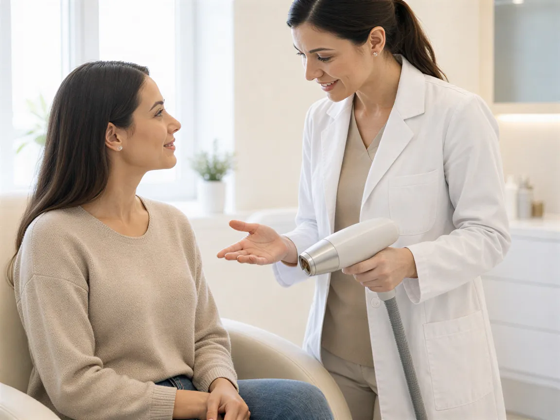 Eine Ärztin erklärt einer Patientin in einer modernen Praxis ruhig ein Laserbehandlungsgerät.