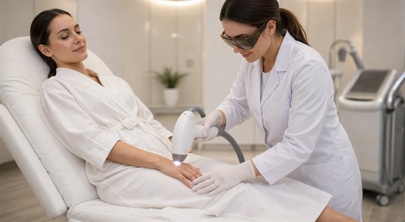 Eine Ärztin behandelt mit einem Laser die Unterarmhaut einer entspannten Patientin in einem klinischen Behandlungsraum.