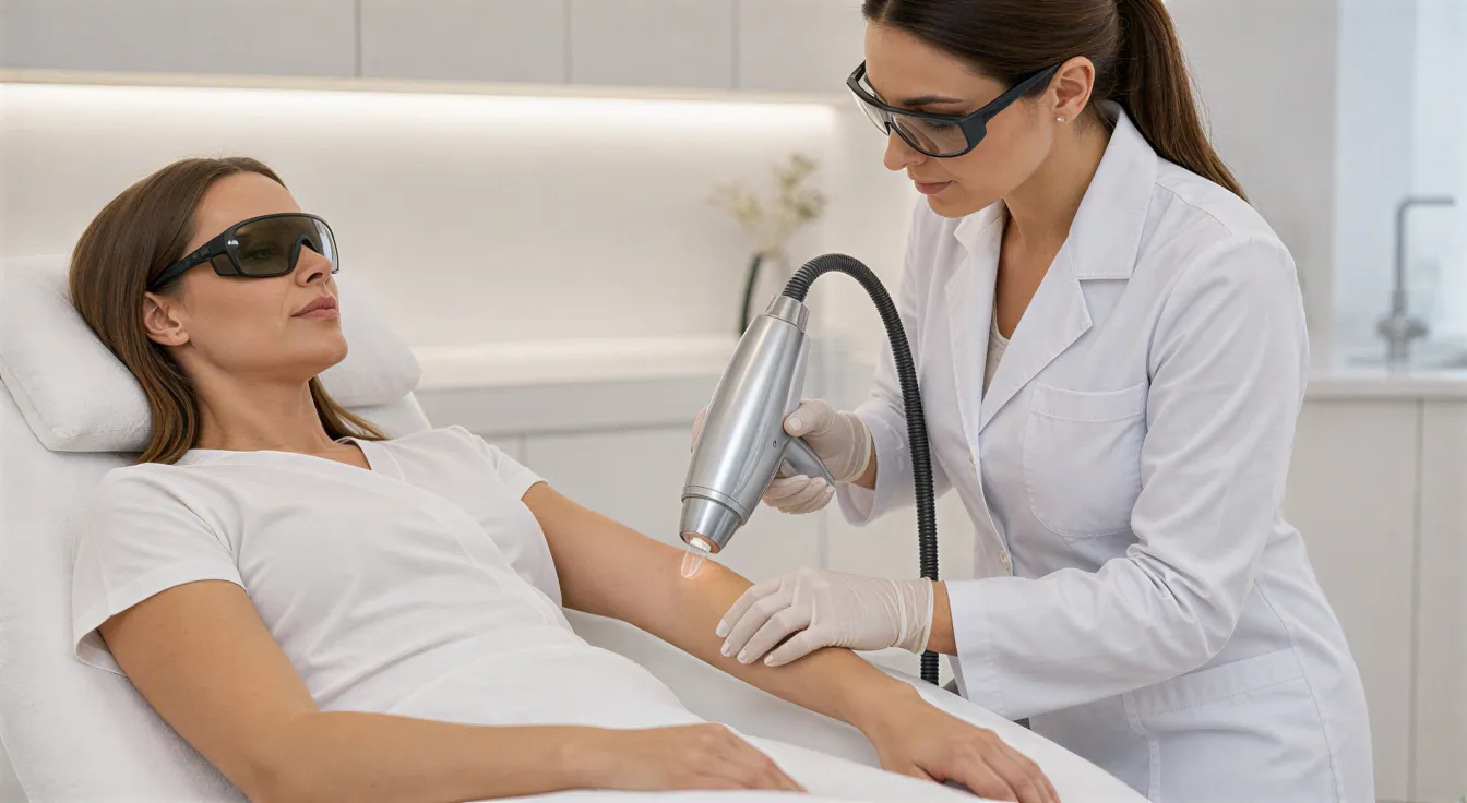Eine Ärztin behandelt mit einem modernen Laser eine entspannte Patientin in einem klinischen Behandlungsraum.