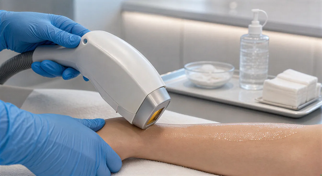 Eine Person behandelt mit einem modernen Laser-Handstück die Haut am Unterarm in einem klinischen Behandlungsraum.