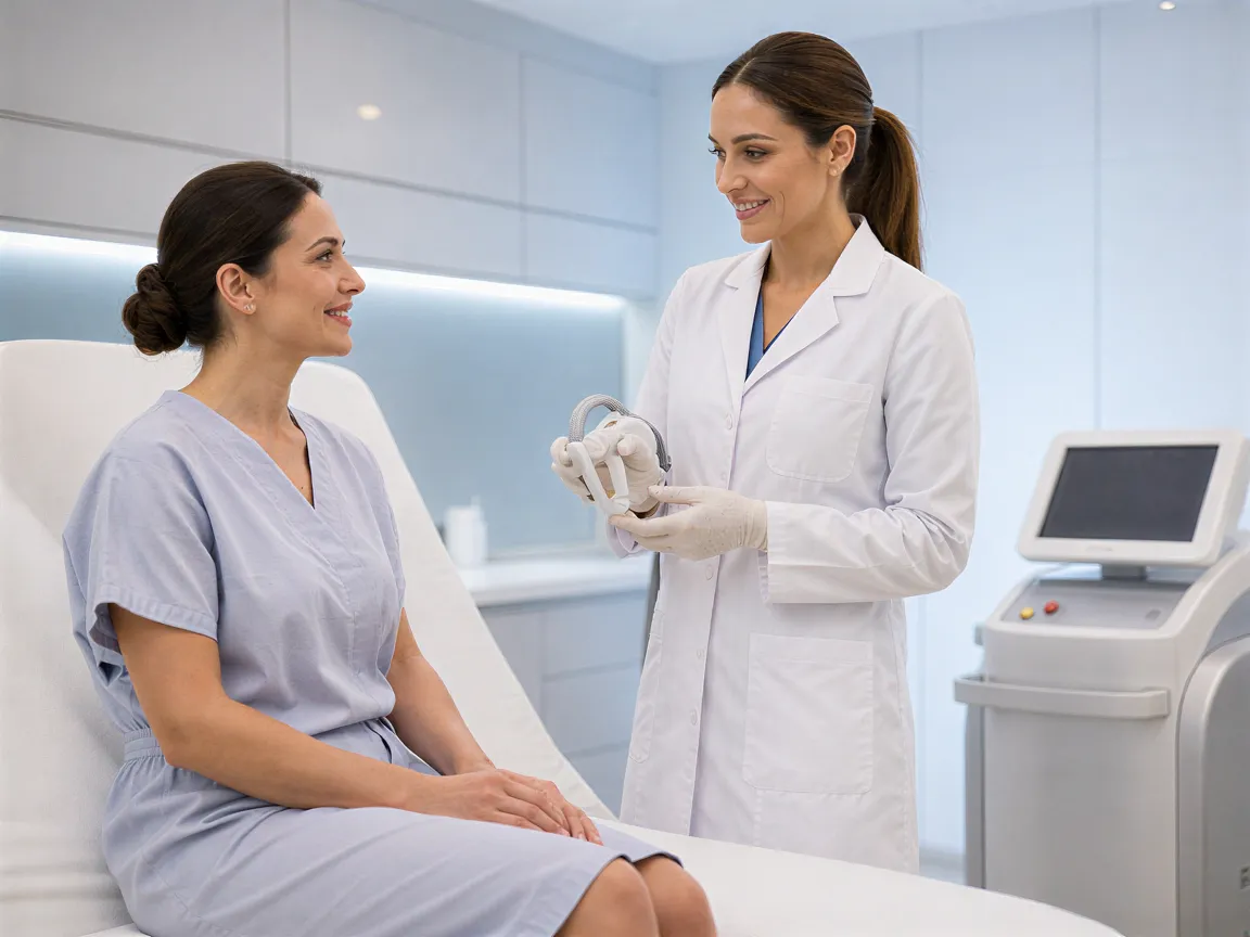 Eine Lasertechnikerin erklärt einer Patientin in einer modernen Behandlungsraum den sicheren Umgang mit dem Gerät.