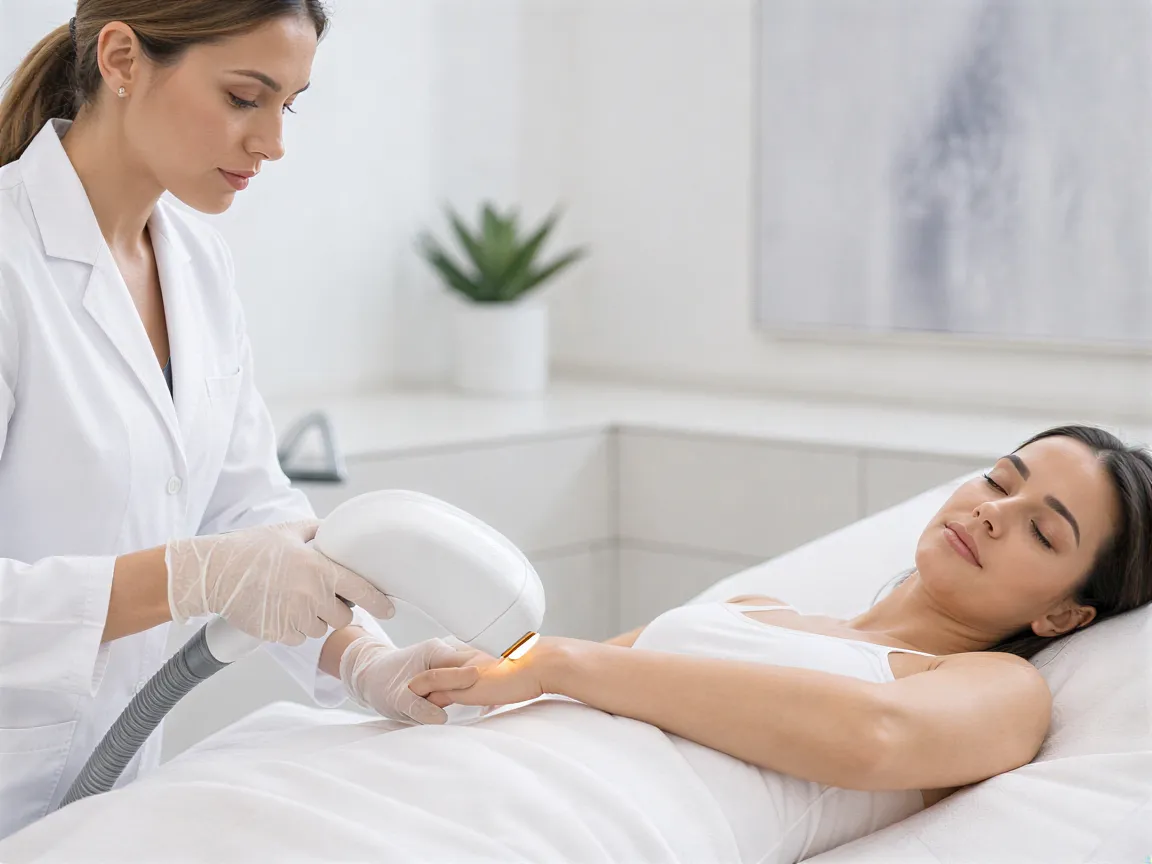 Eine Ärztin behandelt mit einem Laser den Arm einer entspannten Patientin in einem modernen Behandlungsraum.