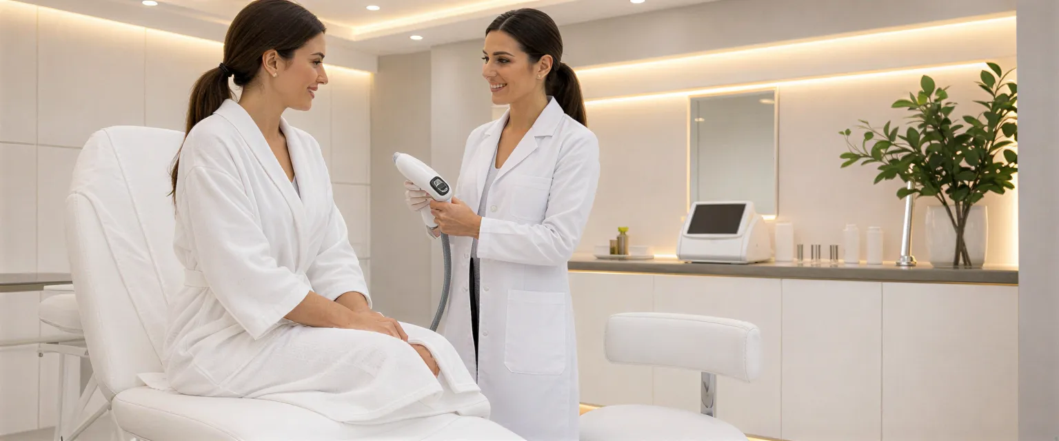 Eine Patientin im weißen Bademantel spricht mit einer Ärztin, die ein modernes Lasergerät in einer sauberen Klinik hält.
