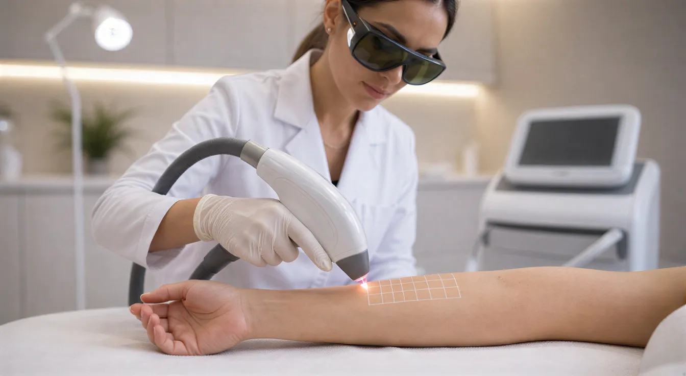Eine medizinische Fachkraft führt mit einem Laser eine Haarentfernungsbehandlung am Unterarm einer Klientin durch.