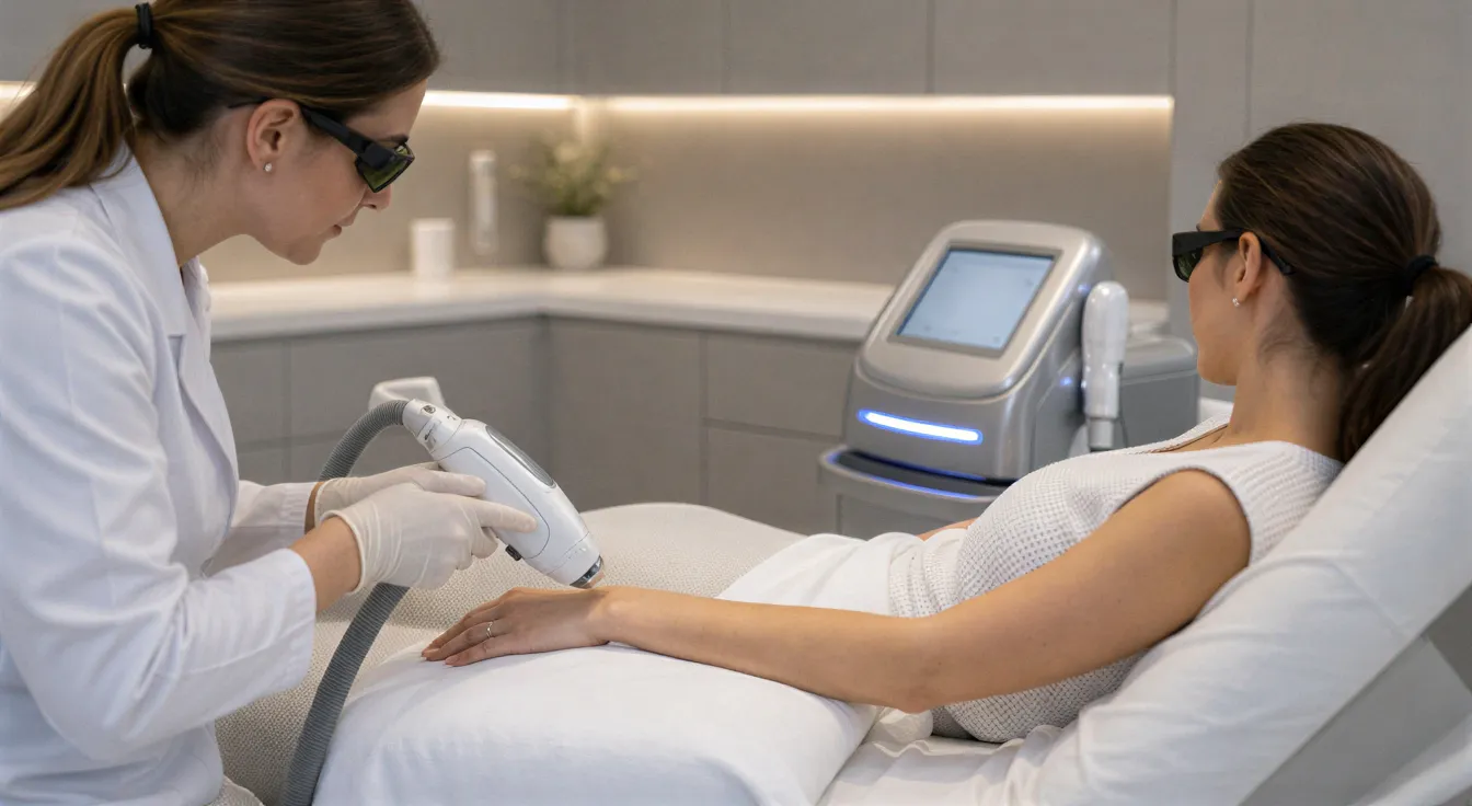 Eine Ärztin führt eine Laserbehandlung am Unterarm einer Patientin in einem sterilen Behandlungsraum durch.