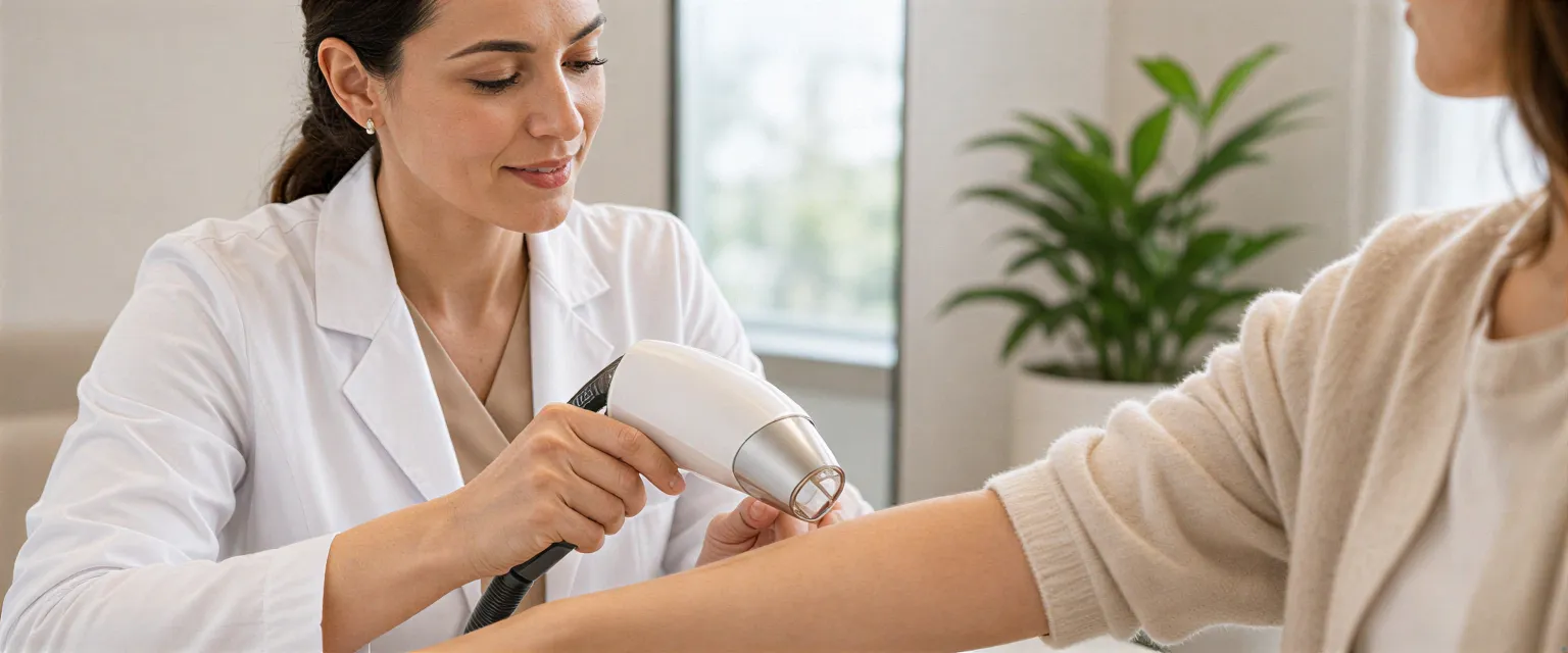 Eine Dermatologin demonstriert ein Lasergerät an einem Patientenarm in einem modernen, hellen Behandlungsraum.