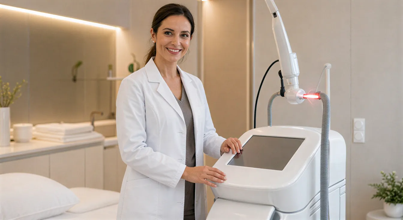 Eine freundliche Dermatologin lächelt neben einem modernen Laserhaarentfernungsgerät in einem sterilen Behandlungsraum.