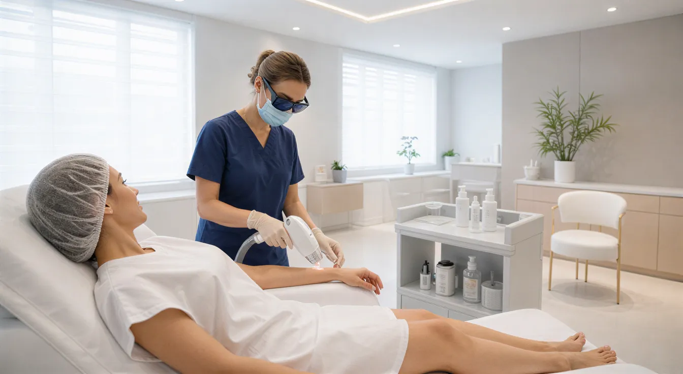 Eine Patientin liegt auf einer Behandlungsliege, während eine Ärztin mit einem Laserhandstück an ihrem Arm arbeitet.